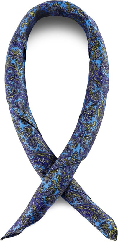 Zijden halsdoek met lichtblauw en goud paisleymotief