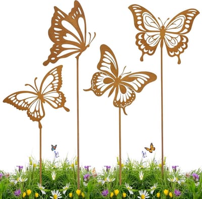Tuinstekers Vlinders - Metalen Decoratie - Tuin Aankleden - Roestkleurige Elegantie - 4 Stuks - Roestkleur