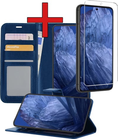 Hoesje - Met Screenprotector - Geschikt voor Google Pixel 8a - Luxe Pasjeshouder - Flipcase - Bookcase Portemonee - Flip Case - Kunstleer Book Case - Book Cover - Walletcase - Portemonneehoes - Telefoonhoes - Donkerblauw