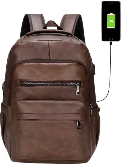 CarryQuest® - Laptop Rugzak - USB Oplaadbare Rugzak Heren - PU Lederen Rugzak - 15" Laptop - Schooltas Voor Tienerjongens - 20-35L Capaciteit - Donkerbruin