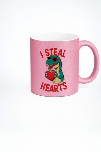 Roze Glitter Mok "I Steal Hearts" - Grappige T-Rex Dinosaurus Valentijn Cadeau