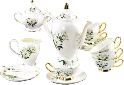 Theeservies 15 Delen - Koffie Kopjes Set - Afternoon Tea - Vintage Koninklijk Design - 6 Kopjes 6 Schotels - Wit