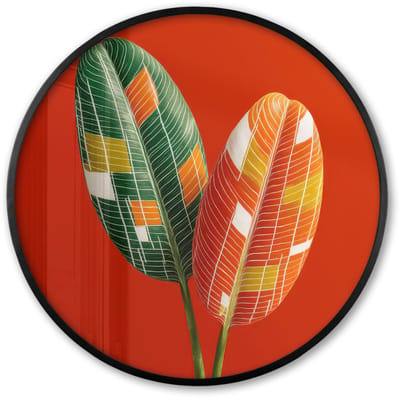 Poster in lijst Rond - Fotolijst 60x60 cm - Posters - Bladeren - Ovaal - Mozaïek - Patroon - Ronde posterlijst zwart - Decoratie - Wanddecoratie woonkamer - Muurdecoratie slaapkamer
