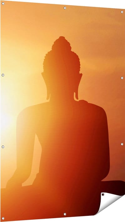 Gards Tuinposter Silhouet van een Boeddha Beeld met Zonsondergang - 100x150 cm - Tuindoek - Tuindecoratie - Wanddecoratie buiten - Tuinschilderij
