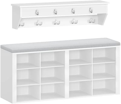 NaevaMi Kapstok met Bank - Wandkapstok - Kapstok Hangend - Kapstok met Schoenenrek - Schoenenbank - Kapstok met 9 Haken - Kapstok Muur - Afmeting Bank 30x104x49cm - Afmeting Kapstok 8x80x20cm - Wit/Grijs