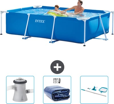 Intex Rechthoekig Frame Zwembad - 260 x 160 x 65 cm - Blauw - Inclusief Zwembadfilterpomp - Solarzeil - Schoonmaakset