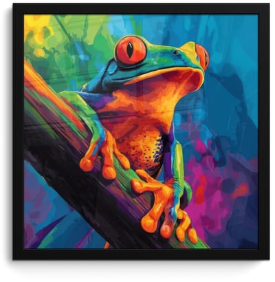 Poster in lijst - Fotolijst 40x40 cm - Posters - Kikker - Felgekleurd - Tak - Regenboog - Posterlijst zwart - Decoratie - Wanddecoratie woonkamer - Muurdecoratie slaapkamer