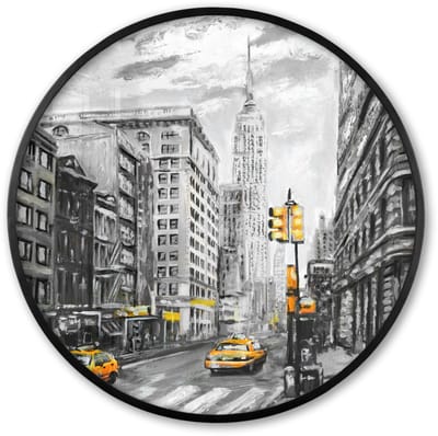 Poster in lijst Rond - Fotolijst 60x60 cm - Posters - Schilderij - Stad - Auto - Geel - Ronde posterlijst zwart - Decoratie - Wanddecoratie woonkamer - Muurdecoratie slaapkamer