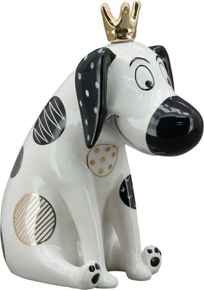 Handgemaakt beeld hond met gouden kroon - kleur zwart wit goud - 17x9x18 cm - keramiek