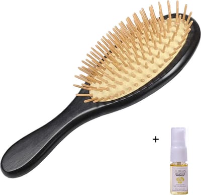 Aurgan houten haarborstel met massagekussen - zwart - elegante borstel met kussen - inclusief aurgan haarolie - antiklitolie