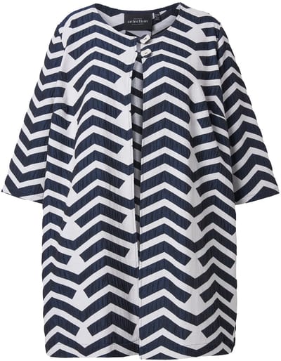 Ulla Popken - Dames - Jas grafisch design ronde hals stolpplooi lange mouwen - Donkermarine - Maat 42+