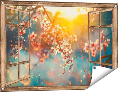 Gards Tuinposter Doorkijk Bloesemboom tijdens Zonsondergang - Bloem - 90x60 cm - Tuindoek - Tuindecoratie - Wanddecoratie buiten - Tuinschilderij