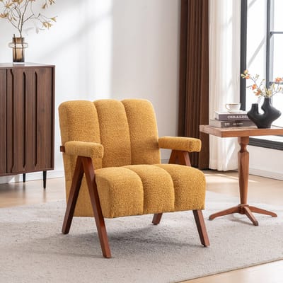 Fauteuil - Bouclé Armstoel Met Armleuningen - Comfortabele Zitting Met Hoge Rugleuning - Voor Woonkamer En Slaapkamer - Hout Geel
