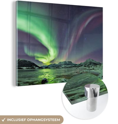 MuchoWow® Glasschilderij 160x120 cm - Schilderij acrylglas - Noorderlicht - IJs - Paars - Groen - Foto op glas - Schilderijen
