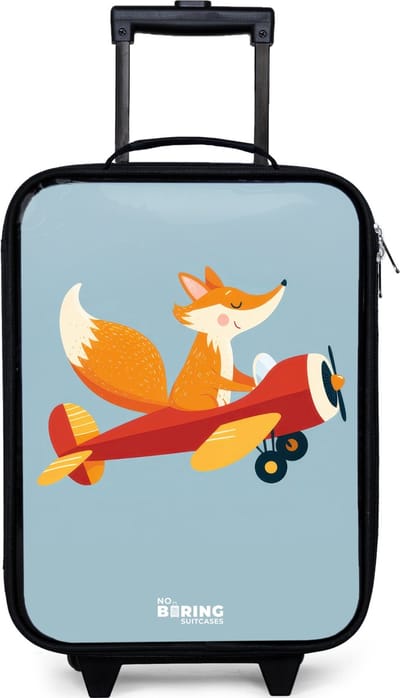 NoBoringSuitcases.com® - Kinderkoffer jongen - Kindertrolley meisje - Vos - Vliegtuig - Vliegen - Koffer kind lichtgewicht - Reiskoffer trolley voor kinderen - Koffertje met lichtgevende wieltjes - Rolkoffer zwart