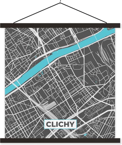 Posterhanger incl. Poster 60x60 cm - Schoolplaat - Clichy - Frankrijk - Plattegrond - Kaart - Stadskaart - Textielposter - Zwarte latten - Stadskaart