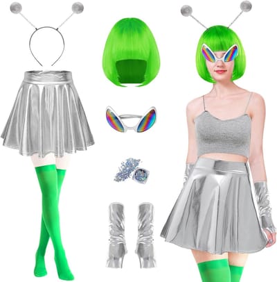 Griezelige Groene Alien Kostuum Set voor Dames - 7 Delige Outfit met Rok, Hoofdband, Perücke, Bril, Handschoenen en Sokken voor Halloween en Carnaval