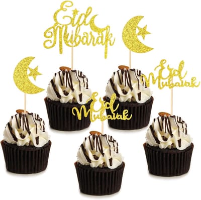 Famanu – 21 stuks Eid Mubarak cupcake toppers - gouden glitter - ster en maan - decoratie voor muffins en cakes tijdens Eid en Ramadan feestdagen