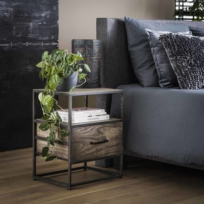 LM-Collection Turf Nachtkast - 45x35x55cm - Bruin/Zwart - Metaal/Hout - nachtkastje, nachtkastje zwevend, nachtkastjes modern, nachtkastjes, nachtkastjes industrieel,