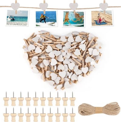 Set van 100 Hartvormige Kledingknijpers, Witte Mini Houten Knijpers met 20 m Jute Touw en 20 Fotohouders, Ideaal voor het Ophangen van Foto's en Postkaarten