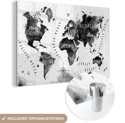 ® Glasschilderij 150x100 cm - Schilderij acrylglas - Wereldkaart - Waterverf - Zwart - Wit - Foto op glas - Muurdecoratie woonkamer - Wanddecoratie slaapkamer - Schilderijen