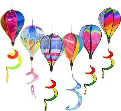 Kleurige windspelen voor buiten, 6 stuks, 110 cm, regenboog heteluchtballon, twister, tuinballon, hangende tuindecoratie voor kleuterschool en park, vrolijke tuinaccessoires en sfeervolle decoratie