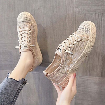 Damesschoenen met platte zool, uitgesneden mesh, dunne zachte zool, ademende canvas schoen, eenvoudige casual stijl, lente en zomer 35 beige