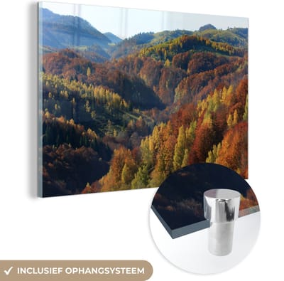 ® Glasschilderij 180x120 cm - Schilderij acrylglas - Herfst landschap van bergen en bossen in het Nationaal park Piatra Craiului - Foto op glas - Muurdecoratie woonkamer - Wanddecoratie slaapkamer - Schilderijen