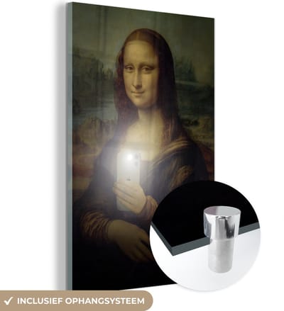 MuchoWow® Glasschilderij 40x60 cm - Schilderij acrylglas - Mona Lisa - Telefoon - Da Vinci - Foto op glas - Schilderijen