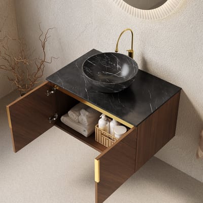 HAUSS SPOLE Badkamermeubel - Hangend Wastafelmeubel Met Opbouw Waskom En Softclose - Voor Badkamer - Keramiek Sintersteen - 76 x 50 x 40 cm - Zwart Bruin Eiken