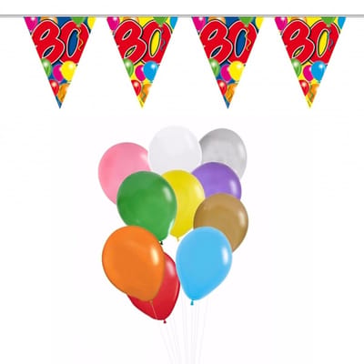 Folat Verjaardag 80 jaar feestartikelen set - 50x ballonnen - 2x leeftijd print vlaggenlijnen