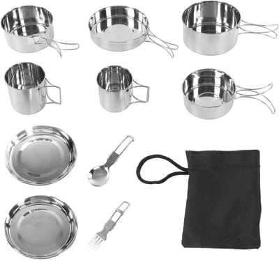 Camping Pannenset - Kookgerei Set - Buiten Koken - Opvouwbare Handgrepen - 12 Delig - Zilver