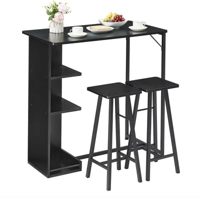 J&R Bartafel set - Bartafel - Bar Tafel - Tafel en 2 krukken - Tafel - 2 Krukken - Hoge tafel - Opbergvakken - Hout - Zwart