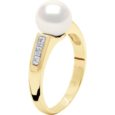 Ring Sieraad Diamant 0,06 Ct - Geel Goud - Echte Gecultiveerde Zoetwaterparel Rond 8-9 mm