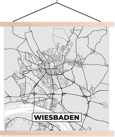 Posterhanger incl. Poster 40x40 cm - Schoolplaat - Kaart - Stadskaart - Duitsland - Wiesbaden - Plattegrond - Textielposter - Blanke latten - Stadskaart
