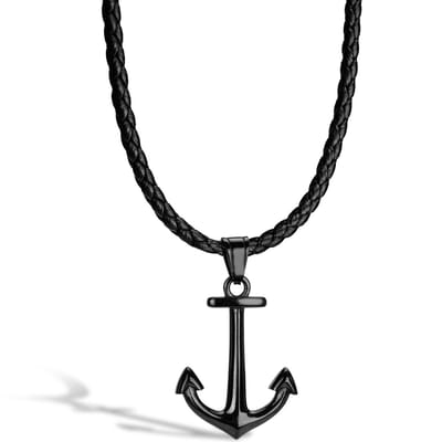SERASAR Lederen Halsband Man [Anchor] - Zwart 60cm - Cadeau voor Hem