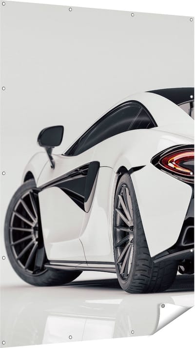 Gards Tuinposter Witte Sportwagen Auto - 120x180 cm - Tuindoek - Tuindecoratie - Wanddecoratie buiten - Tuinschilderij