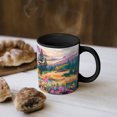 Magische Mok - Foto op Warmte Mokken - Koffiemok - Rivier - Vallei vol bloemen - Levendig - Magic Mok - Beker - 350 ML - Theemok