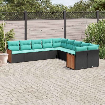 vidaXL - 10-delige - tuinbankset - met - kussens - van - zwart - polyrotan