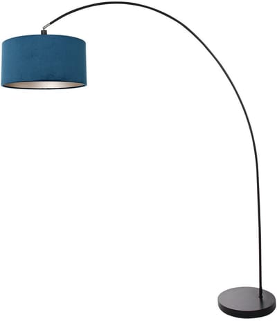 Vloerlamp Mexlite Solva 3900ZW zwart met blauw fluwelen lampenkap, hoogte 185 cm, kantelbare fitting, trendy design, metaal en textielmateriaal, voor binnen gebruik