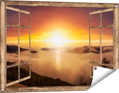Gards Tuinposter Doorkijk Zonsondergang in de Bergen met Wolken - 90x60 cm - Tuindoek - Tuindecoratie - Wanddecoratie buiten - Tuinschilderij