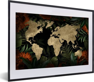 Poster in lijst - Fotolijst 60x40 cm - Posters - Wereldkaart - Vintage - Bladeren - Posterlijst zwart - Decoratie - Wanddecoratie woonkamer - Muurdecoratie slaapkamer