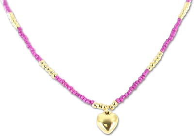 CO88 Collection 8CN-26283 Stalen Ketting met Kralen - Dames - Goudkleurig - 3 mm - Fuchsia - 2,5 mm - Hartje - 10 mm - Lengte 38 + 7 cm