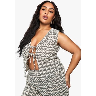 boohoo Dames Plus Zig Zag Gebreide Strandtop | Mono | Maat: 18