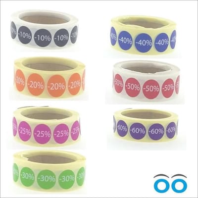 Promotiestickers - Sluitstickers - Etiket - Reclamesticker - 7 soorten percentages - rond 16 mm - 7 rollen à 500 stuks