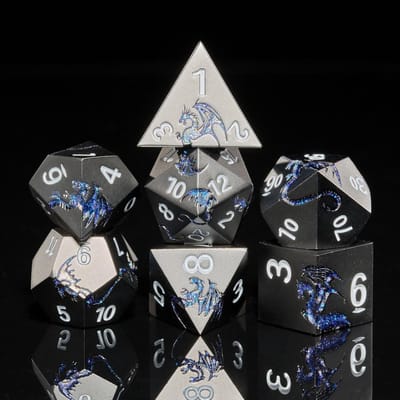 Thijox - Metalen D&D dobbelstenen set 7-delig, zware glitter blauwe draak, veelvlakkige DND dobbelstenen voor kerkers en draken spellen, perfect voor