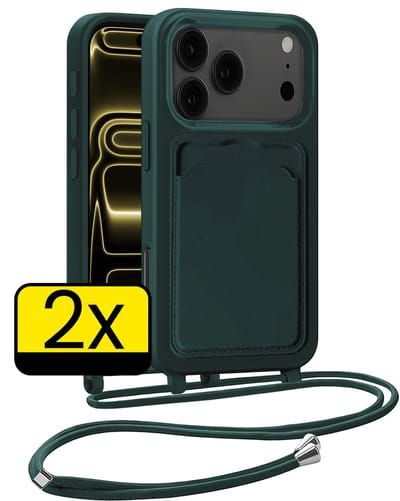 Hoesje Geschikt voor iPhone 17 Pro Max Telefoonhoesje Met Koord Case Pashouder Siliconen - Hoes Geschikt voor iPhone 17 Pro Max Hoesje Met Kaarthouder - Donkergroen - 2 Stuks