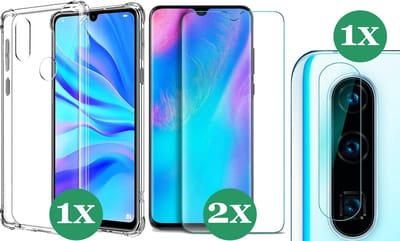 Huawei P30 Lite Hoesje Transparant Shock Case - 1x Huawei P30 Lite Hoesje + 2x Screenprotector Glas + 1x Camera Screen Protector