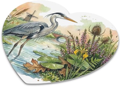 Hartvormige Muismat "Aquarel Series" Hollands Landschap Blauwe Reiger bij Molen en Waterlelies - Waterverf Natuur Design Bureau Accessoire Cadeau voor haar: Vrouw,Vriendin & Collega - Decoratieve Hartjes Muismat Kantoor Thuiswerkplek