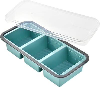 Taartvorm - Siliconen vriesvorm met deksel - Vriesbakje voor het verdelen van soep, saus en babyvoeding - Drie compartimenten - Stapelbaar, lekvrij - Bewaarbox voor voedselbereiding - 1 stuk - Blauw